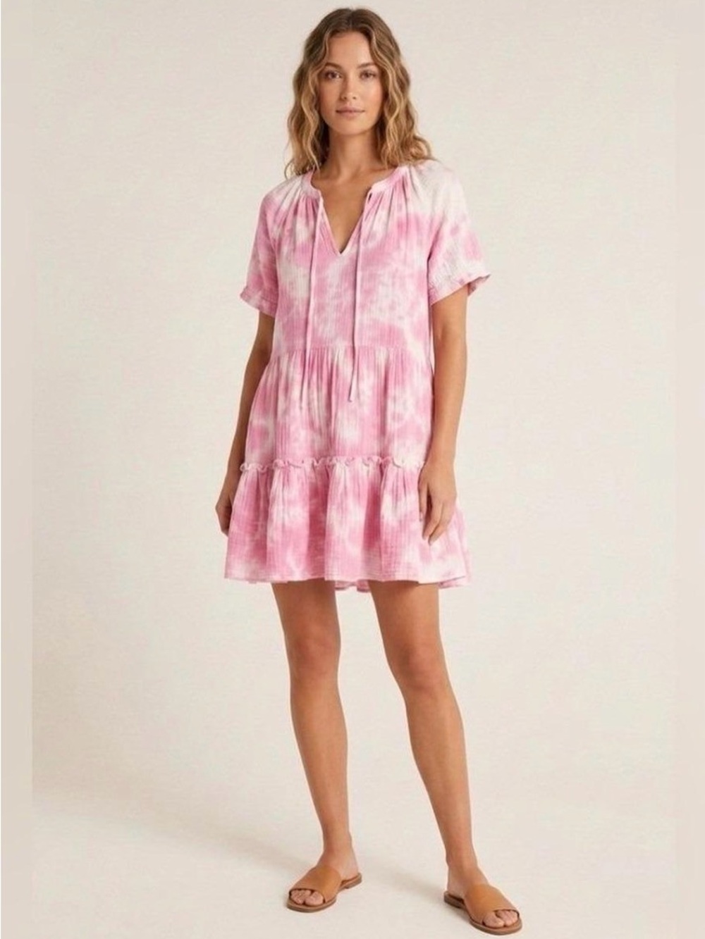 Generation Love Pink Tie-Dye V-Neck Tiered Mini Dress